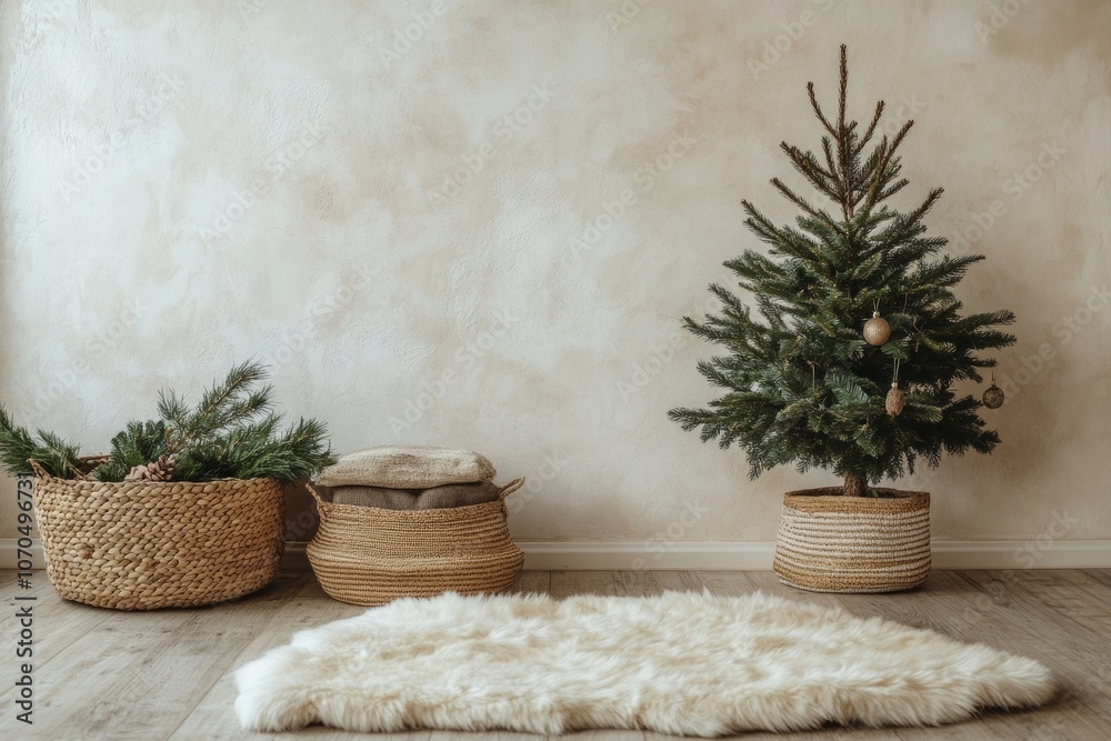 Fototapeta premium cozy Scandi Christmas corner with a sheepskin rug, a small potted pine tree, and woven baskets, minimal background with copy space