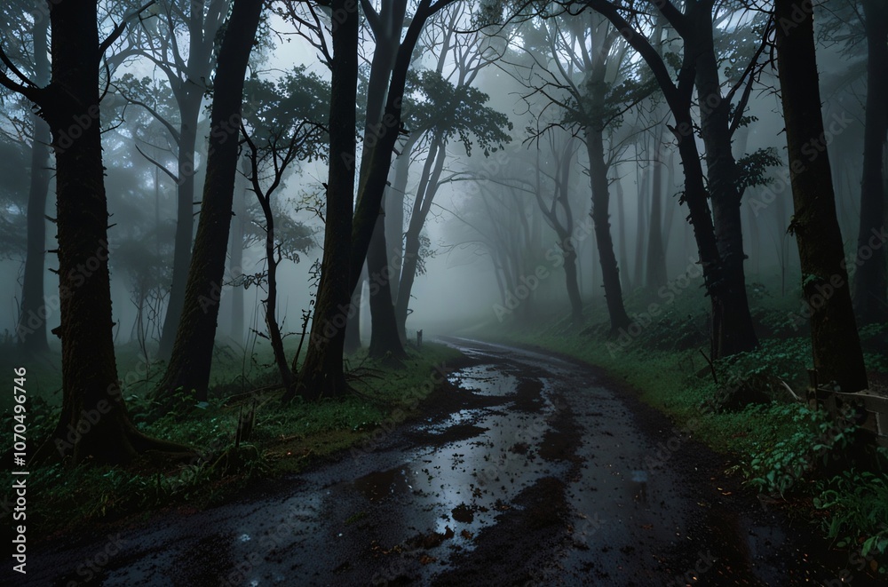 Fototapeta premium Misty Forest Pathway in a Serene Woodland Setting