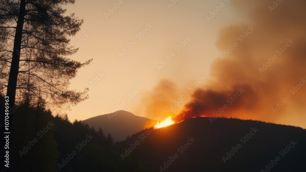 Fototapeta premium In the morning in the mountains, in the forest there is a small fire with smog