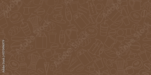 Coffee, tea line design. Hot cup, milk pitcher, aroma beans, kettle for breakfast, lunch, sweet dessert, chocolate candy, fresh croissant. Sketch banner, poster for menu,food shop, bakery and cafe