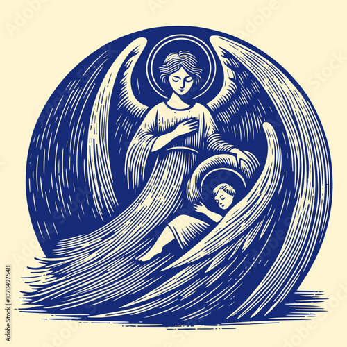 Guardian angel protecting children. Female figure with wings, holding and protecting a child in a swirling, ethereal scene, conveying the idea of a guardian angel watching over and shielding the child