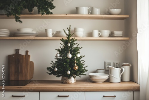 minimalist Scandi kitchen with a small decorated Christmas tree, white dishes, and natural wood accents, minimal background with copy space photo