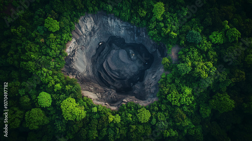 Odkrywkowa kopalnia otoczona bujną zielenią. Rozległe wyrobisko ukazuje ogromną skalę wydobycia minerałów, kontrastując z pięknem otaczającej natury. photo