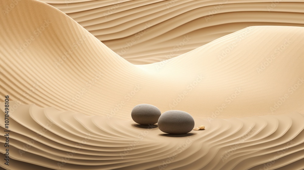 Zen Garden Aesthetic. Tranquil Sand Patterns with Natural Elements and Textured Stones. Meditation, Calm Atmosphere Zen Garden Aesthetic. Tranquil Sand Patterns with Natural Elements and Textured Stones. Meditation, Calm Atmosphere
