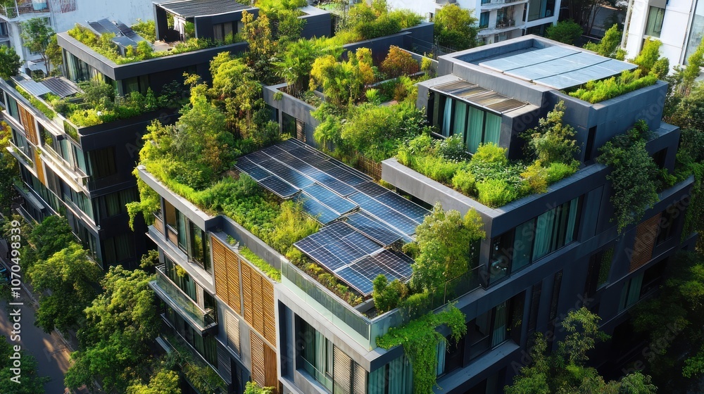 A sleek residential building with green roofs and solar panels, A sleek residential building with green roofs and solar panels,
