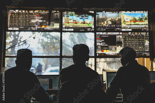 Engineers and technicians in the control room monitor the operation of the air conditioner.