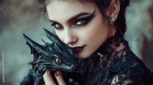A young woman with dramatic makeup holds a small dragon, creating a fantasy atmosphere.