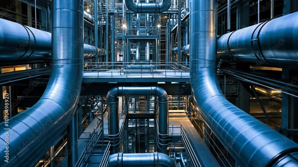 A complex network of pipes and walkways in a modern industrial facility A complex network of pipes and walkways in a modern industrial facility