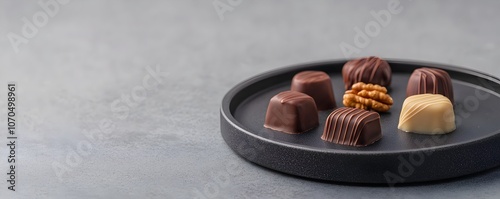 Artisan Chocolate Bonbons with Nuts - Indulge in Luxurious Melt-in-Your-Mouth Treats Styled on Dark Plate with Dramatic Side Lighting for a Captivating Culinary Presentation photo