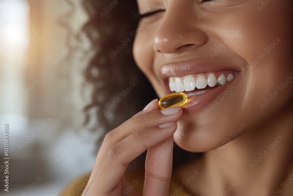A smiling woman holding a fish oil capsule. A smiling woman holding a fish oil capsule.