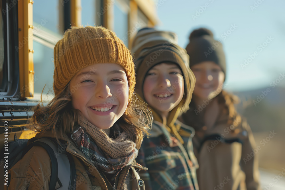 Diverse happy students boarding a school bus, happy and excited, bright afternoon light, professional stock photo style. Diverse happy students boarding a school bus, happy and excited, bright afternoon light, professional stock photo style.