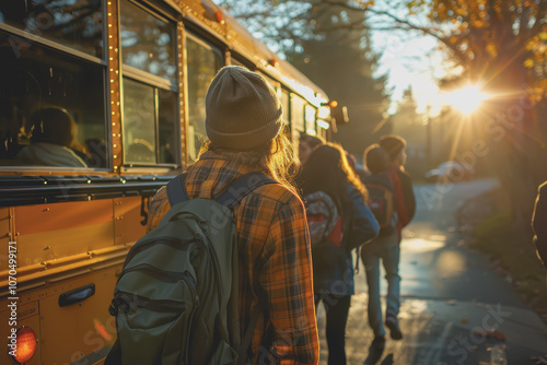 Diverse happy students boarding a school bus, happy and excited, bright afternoon light, professional stock photo style.