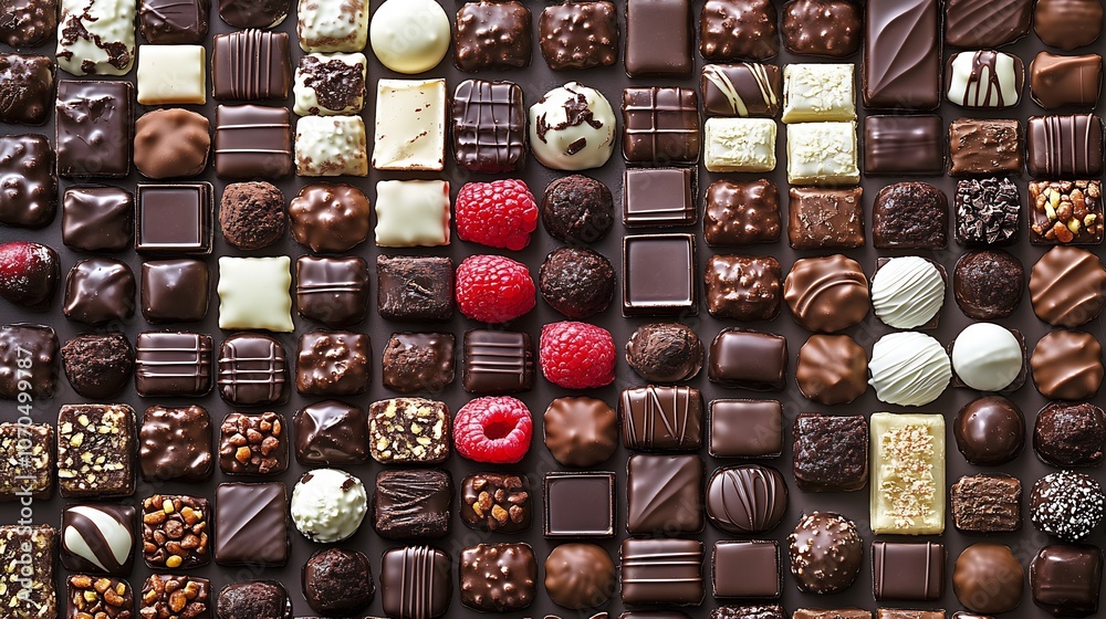 Assorted Gourmet Chocolates and Fresh Raspberries on a Wooden Surface : Generative AI Assorted Gourmet Chocolates and Fresh Raspberries on a Wooden Surface : Generative AI