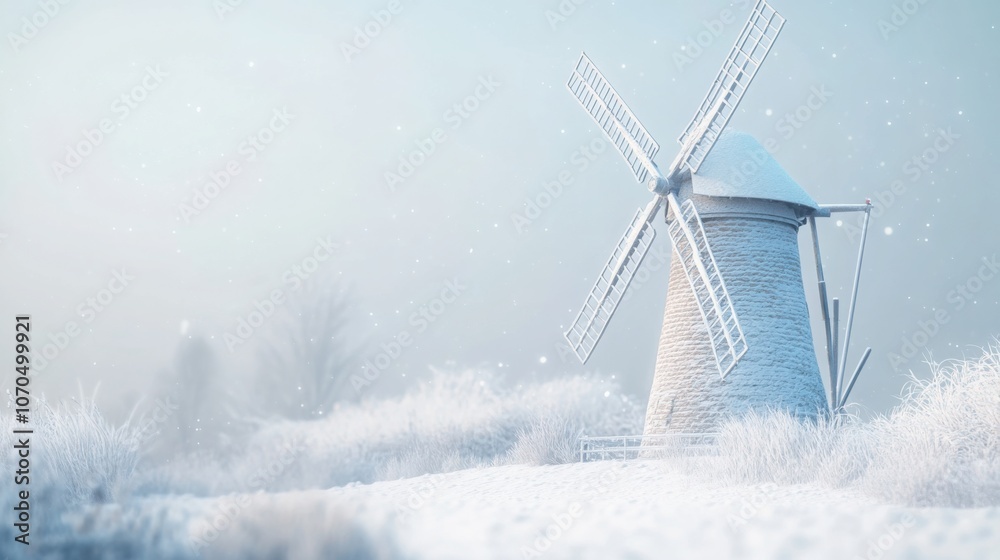 Obraz premium Snow-covered windmill with an empty face cream container nearby.