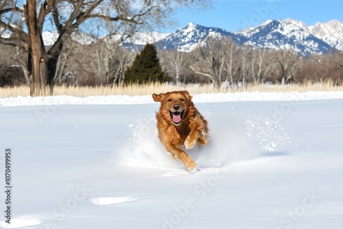 Golden dog running in snow with mountains in the background