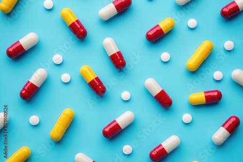 Colorful pills on a light blue background, in close-up.