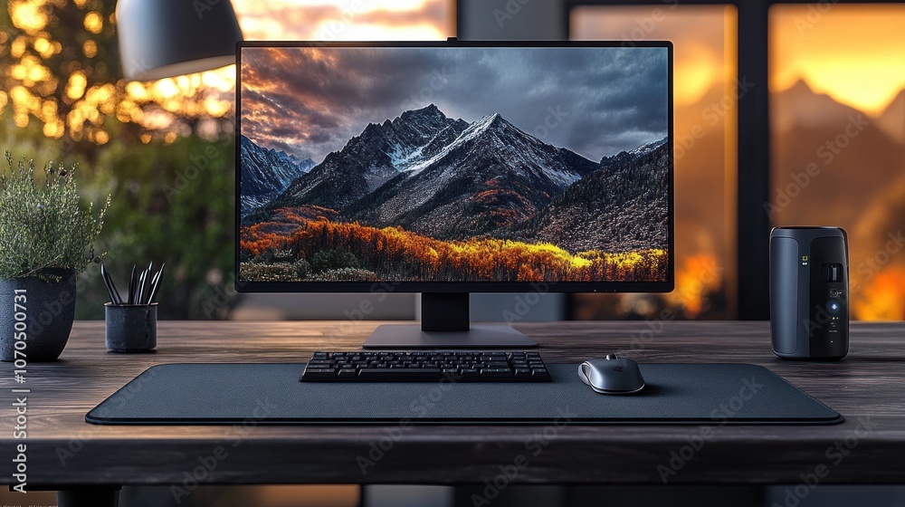 Fototapeta premium A modern workspace featuring a computer and scenic landscape.