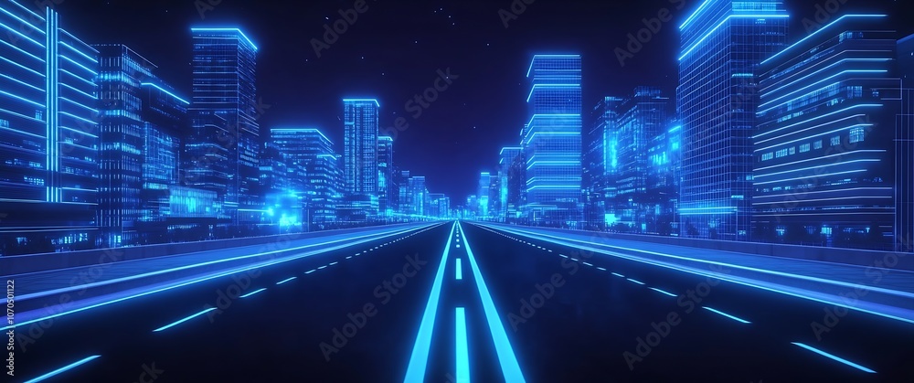 Futuristic Neon Cityscape with Glowing Blue Skyscrapers and an Endless Night View : Generative AI