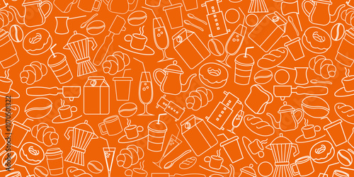 Coffee, tea line design. Hot cup, milk pitcher, aroma beans, kettle for breakfast, lunch, sweet dessert, chocolate candy, fresh croissant. Sketch banner, poster for menu,food shop, bakery and cafe