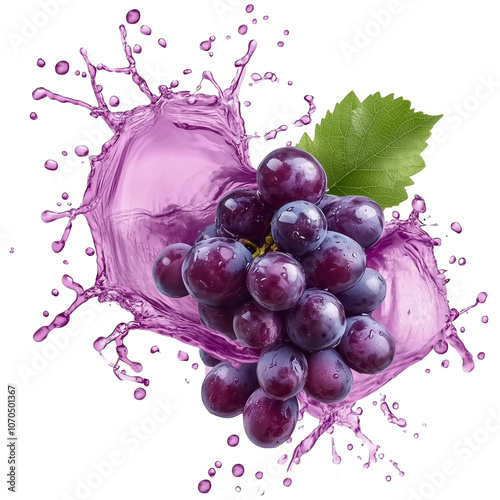 splash of purple grape juice with grapes isolated on transparent background