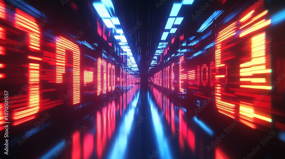 Futuristic Digital Stock Exchange Display with Vast Red Data Streams : Generative AI Futuristic Digital Stock Exchange Display with Vast Red Data Streams : Generative AI