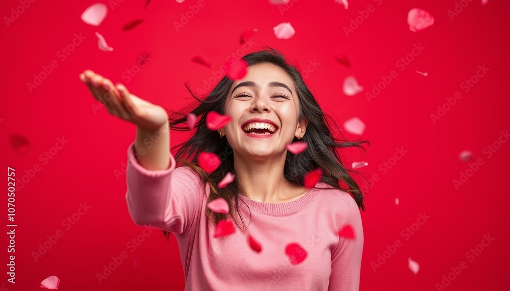 Happy Woman, Falling Hearts, Valentine's Day Happy Woman, Falling Hearts, Valentine's Day