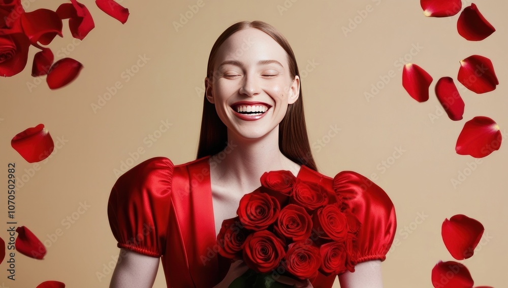 beautiful smiling young woman in red dress with bouquet of red roses beautiful smiling young woman in red dress with bouquet of red roses