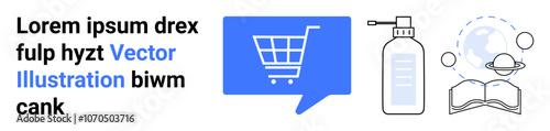 Shopping cart in blue speech bubble, hand sanitizer bottle, planet orbiting a globe over an open book. Ideal for e-commerce, health, science, education, space, communication, modern technology