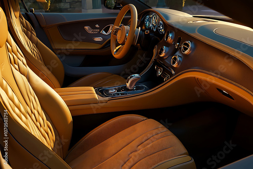 Interior View of a Luxury Car with Tan Leather Seats and a Steering Wheel photo