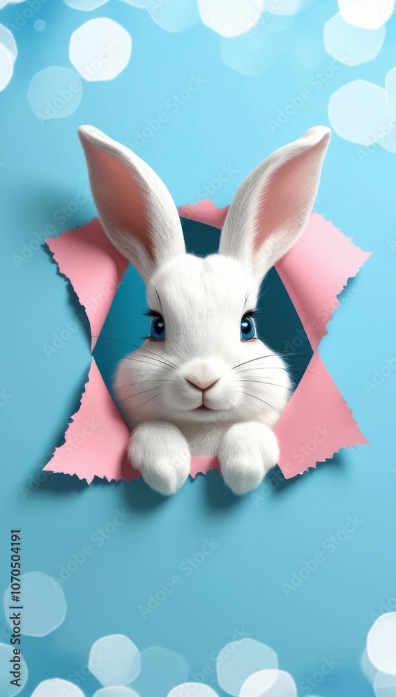 A white bunny with blue eyes peeks through a torn pink paper hole against a blue background. Copy space Easter greeting card A white bunny with blue eyes peeks through a torn pink paper hole against a blue background. Copy space Easter greeting card