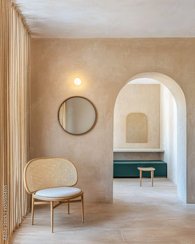 Fototapeta premium Minimalist interior design featuring neutral tones and natural materials in a modern setting