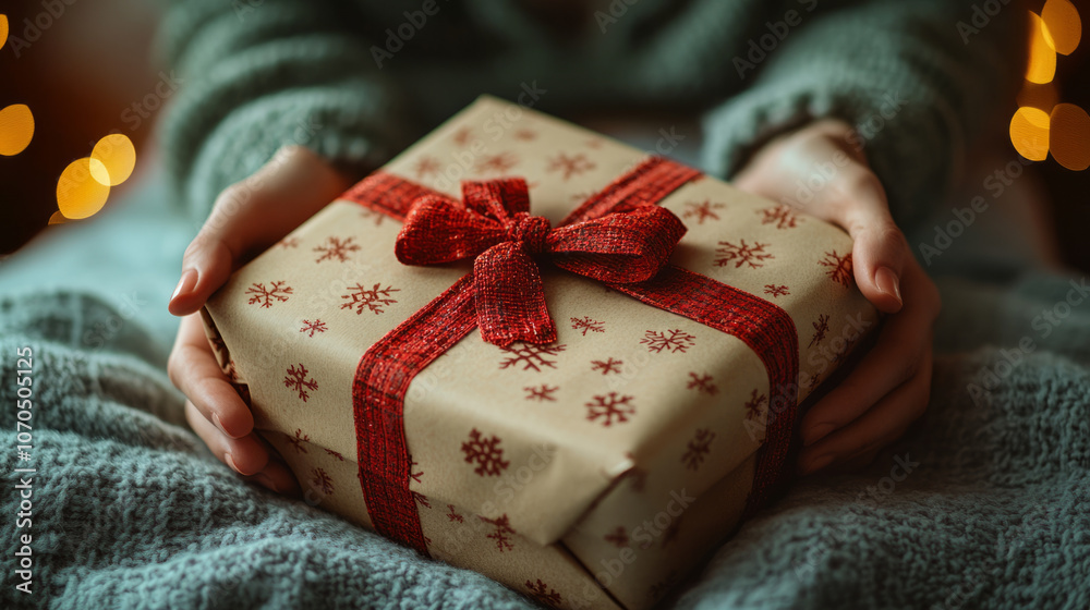Holiday gift wrapped with festive red ribbon in cozy setting Holiday gift wrapped with festive red ribbon in cozy setting
