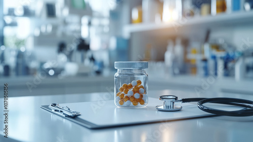 Modern medical laboratory with pills and stethoscope on desk