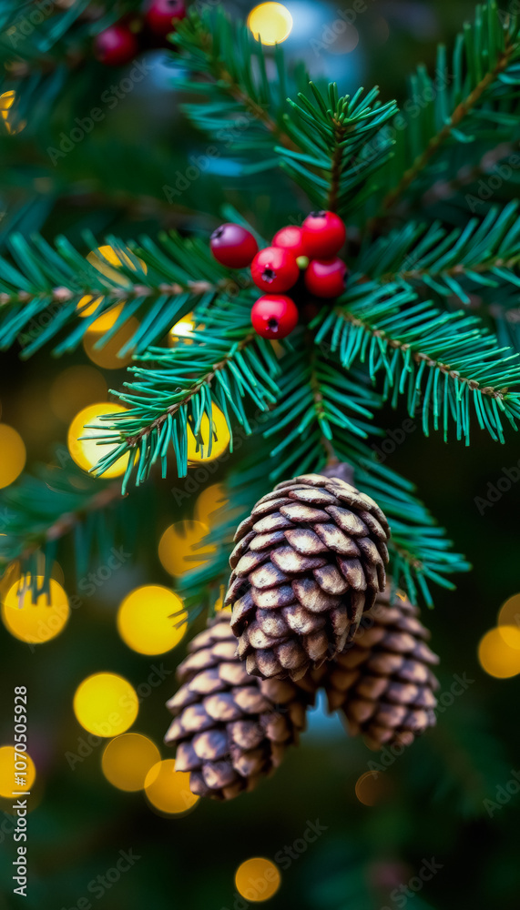 Christmas card: yew branches with red berries and cones with festive garlands. New Year's mood. Festive Pine Branch with Pine Cones and Berries Christmas card: yew branches with red berries and cones with festive garlands. New Year's mood. Festive Pine Branch with Pine Cones and Berries