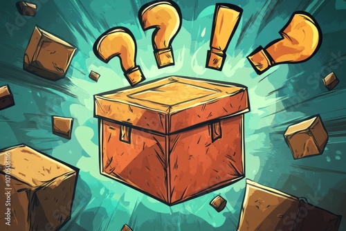 A fun mystery box with question marks flying out of it, fun quiz box, logo, illustration	
 photo