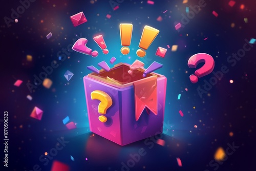 A fun mystery box with question marks flying out of it, fun quiz box, logo, illustration	
