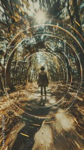 A surreal walk through a forest path showcasing cinematic visual effects that evoke a sense of relativity and wonder, captured during golden hour in a tranquil environment