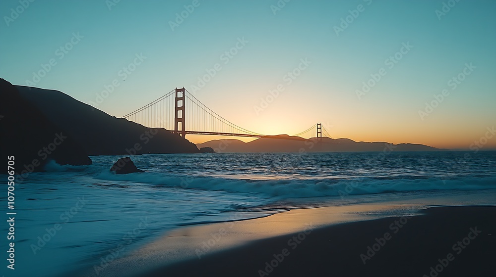 Fototapeta premium Golden Gate Bridge at Sunset with Calming Ocean Waves and a Vibrant Skyline : Generative AI
