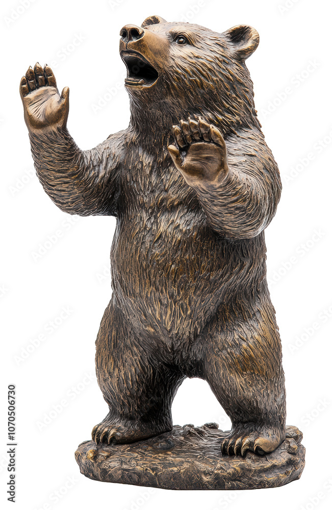 Fototapeta premium A bronze bear statue is standing on a white background. The bear is holding its paw up and making a gesture as if it is trying to communicate. The statue has a sense of curiosity and playfulness