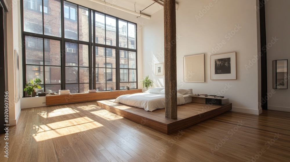 Obraz premium Bedroom loft with minimalist decor, sleek wood floors, and open floor space; modern furniture and large windows enhance the bright, airy feel