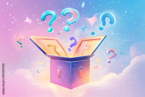 A fun mystery box with question marks flying out of it, fun quiz box, logo, illustration	
 photo