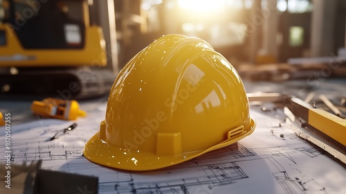 A bright yellow construction hard hat placed on top of architectural blueprints and building plans, creating an image that conveys industry and preparedness. photo