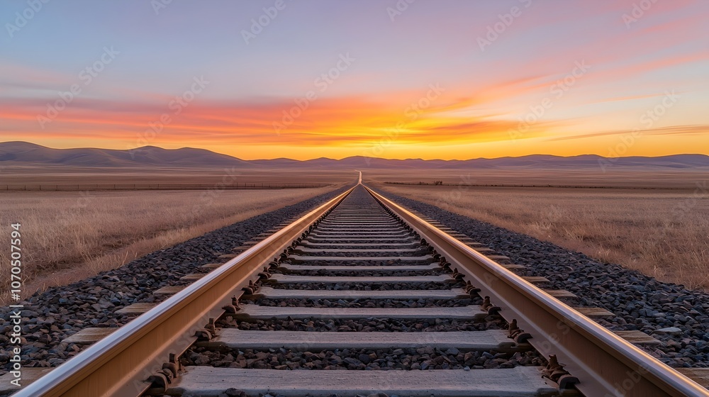 Serene Train Track and Rural Road Under a Vibrant Sunset - Captivating Landscape of Openness and Peace with Dramatic Colors Reflecting on the Plains Serene Train Track and Rural Road Under a Vibrant Sunset - Captivating Landscape of Openness and Peace with Dramatic Colors Reflecting on the Plains