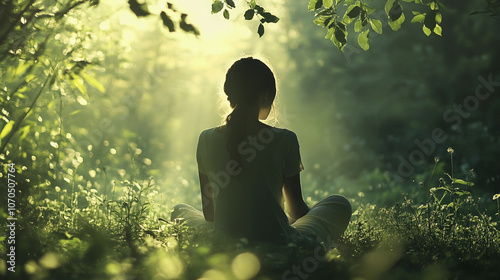 A person meditating peacefully in a sunlit forest surrounded by greenery during the early morning hours