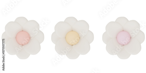 3d icon, 3d illustration, cute daisy, daisies, soft wool felt texture material, transparent background, playful and fun-loving design