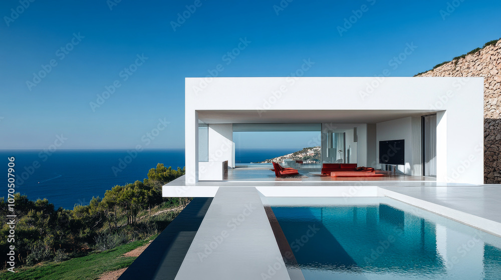 Fototapeta premium Modern coastal villa with infinity pool overlooking the ocean in bright sunlight