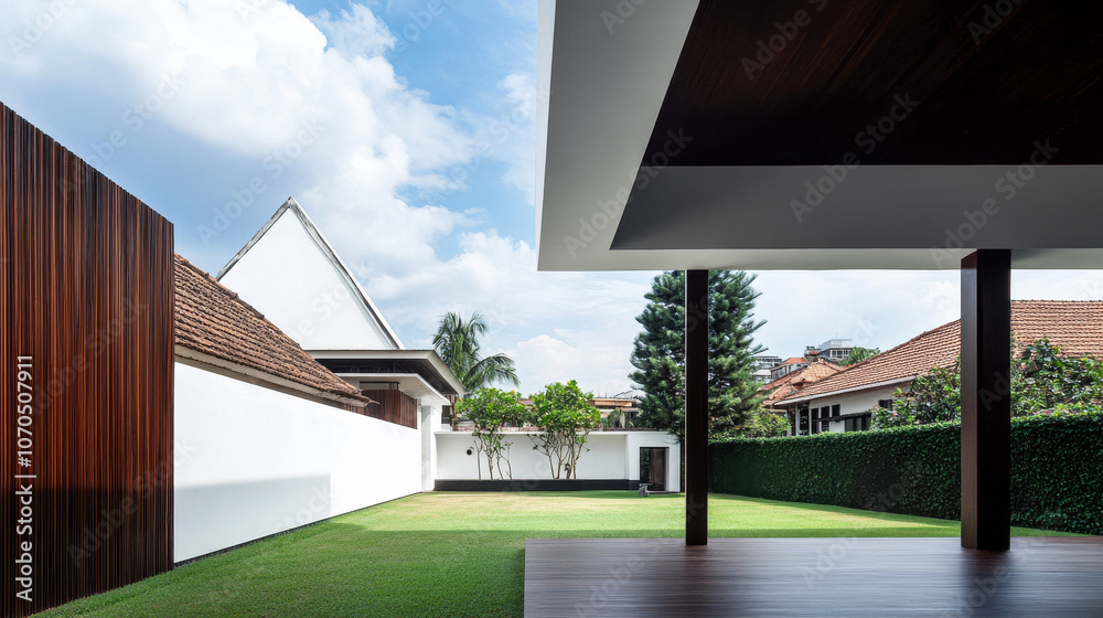 Modern residential garden with minimalist architecture and cloudy sky in a tranquil setting Modern residential garden with minimalist architecture and cloudy sky in a tranquil setting