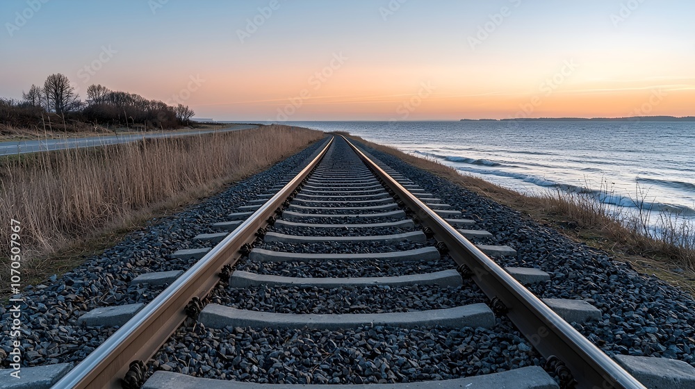Tranquil Coastal Sunset with Rail Tracks and Gentle Waves - Serene Evening Scene of Pastel Skies and Windswept Grasses Tranquil Coastal Sunset with Rail Tracks and Gentle Waves - Serene Evening Scene of Pastel Skies and Windswept Grasses