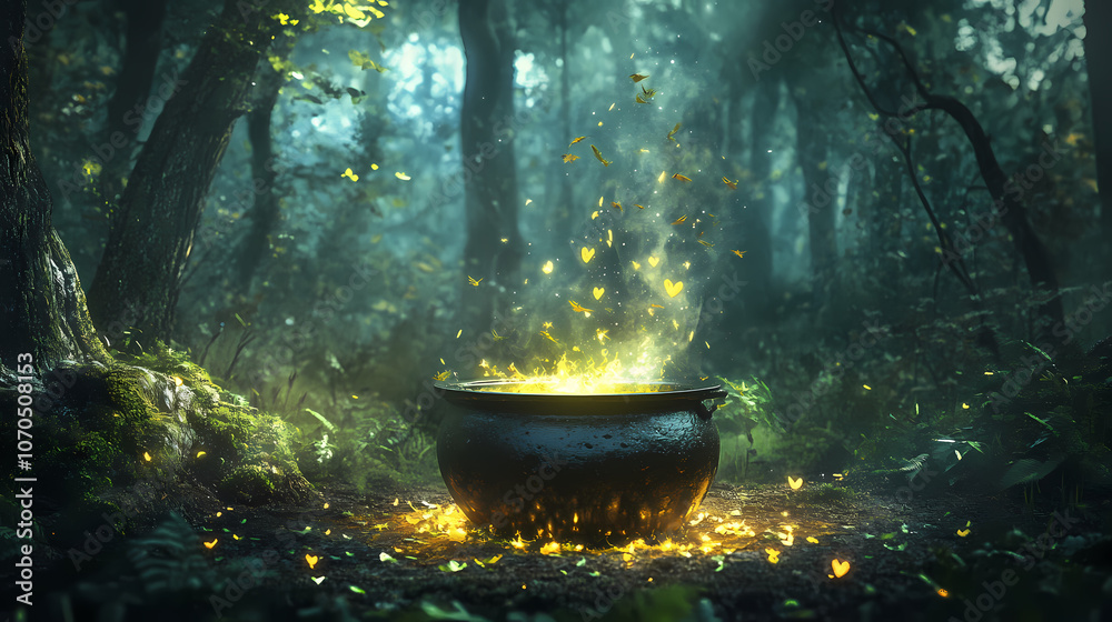 Enchanted cauldron in a mystical forest setting, enchanted, forest, cauldron, magic, mystical, potion, spell, woodland. Enchanted. Illustration Enchanted cauldron in a mystical forest setting, enchanted, forest, cauldron, magic, mystical, potion, spell, woodland. Enchanted. Illustration