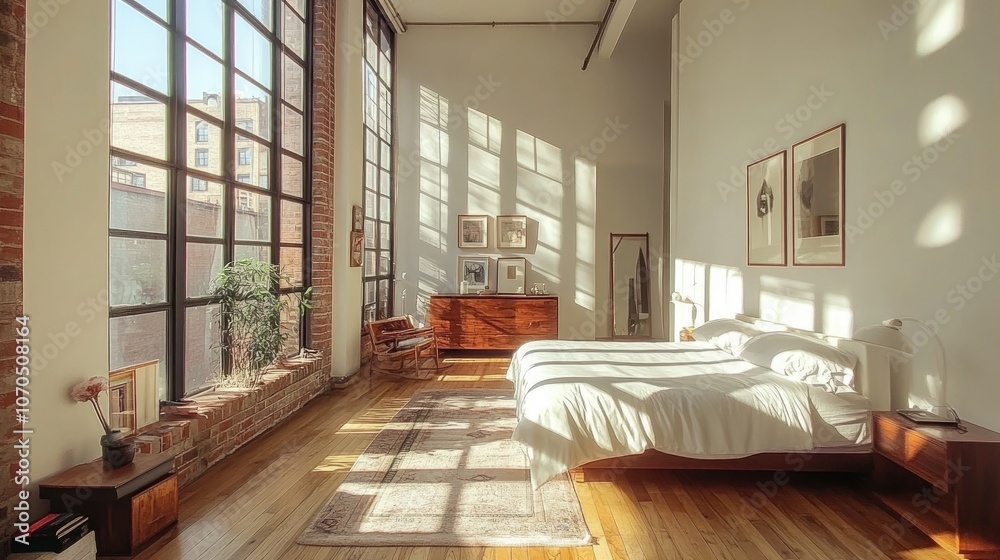 Luxurious loft bedroom with stylish wood floors, open layout, minimal decor, and sunlight streaming through tall windows, creating a modern yet cozy vibe Luxurious loft bedroom with stylish wood floors, open layout, minimal decor, and sunlight streaming through tall windows, creating a modern yet cozy vibe